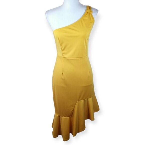 VESTIDOS YELLOW OFF-THE-SHOULDER DRESS SZ.L EUC. - Picture 1 of 6